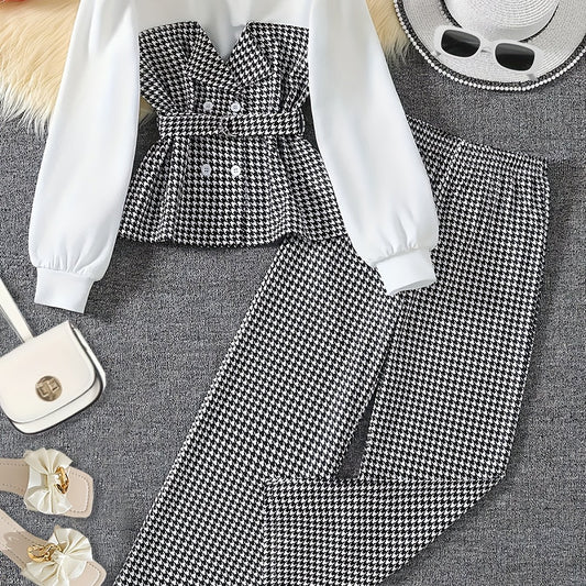 High-Scoring Girl's Outfit: Pure White Houndstooth Pattern Top with Belt Accent + Matching Straight-Hem Printed Trousers, Comfortable Soft Fabric Fit for Fall/Winter Essential Gift Set