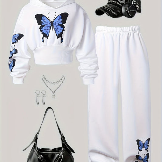 New Autumn-Winter Two-Piece Set for Older Girls: Fashionable Butterfly Print Hooded Sweatshirt with Jogger Pants, Perfect for Outdoor