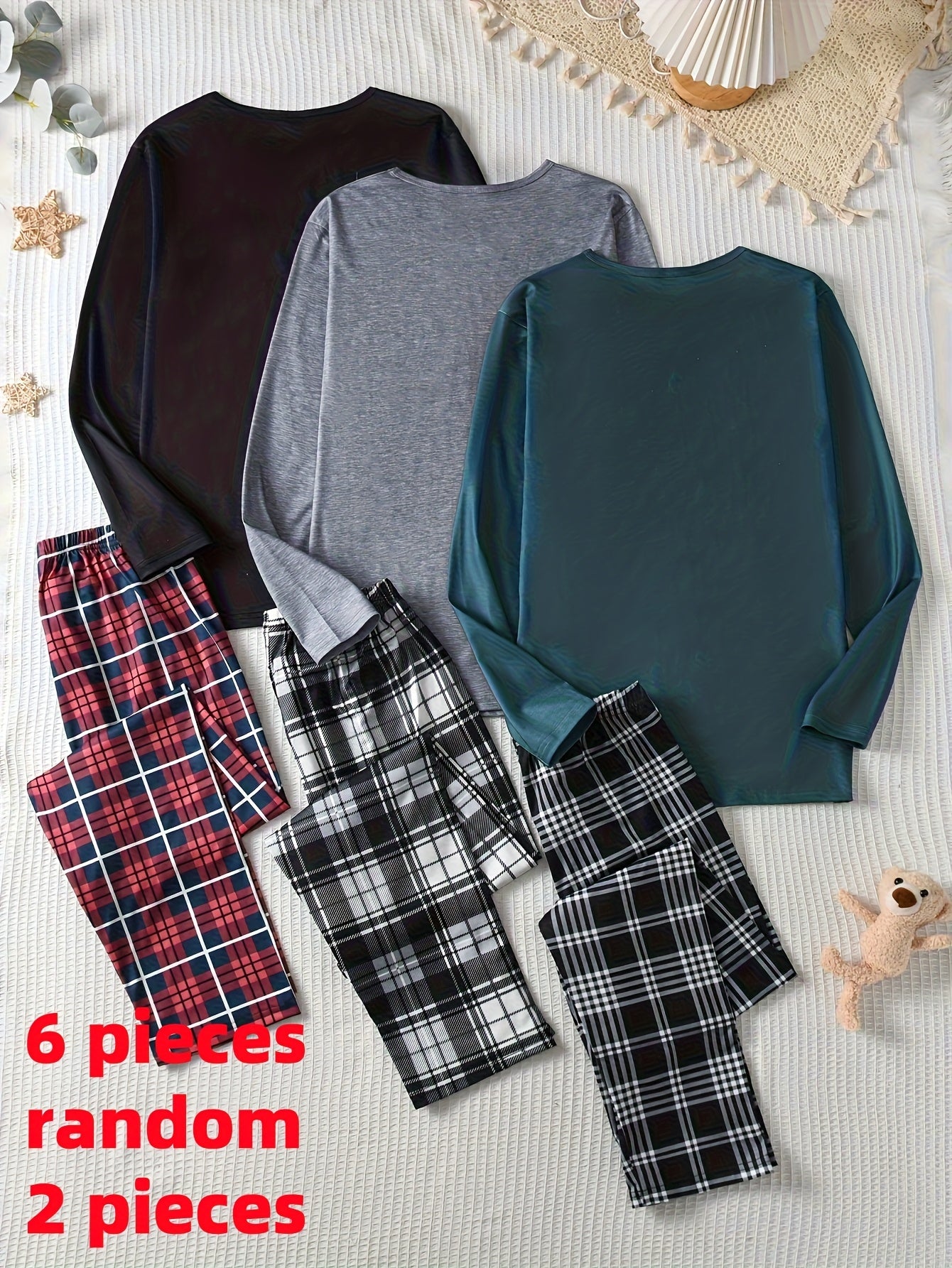 [Teenager Fashion Pajamas Set] Random 2pcs Set of The 2025 New Teenager's Fashion Trendy Simple Pajamas in Black, Gray, And Green Plaid with Long Sleeves And Long Pants, a Comfortable And Casual Homewear Outfit., For Teenager