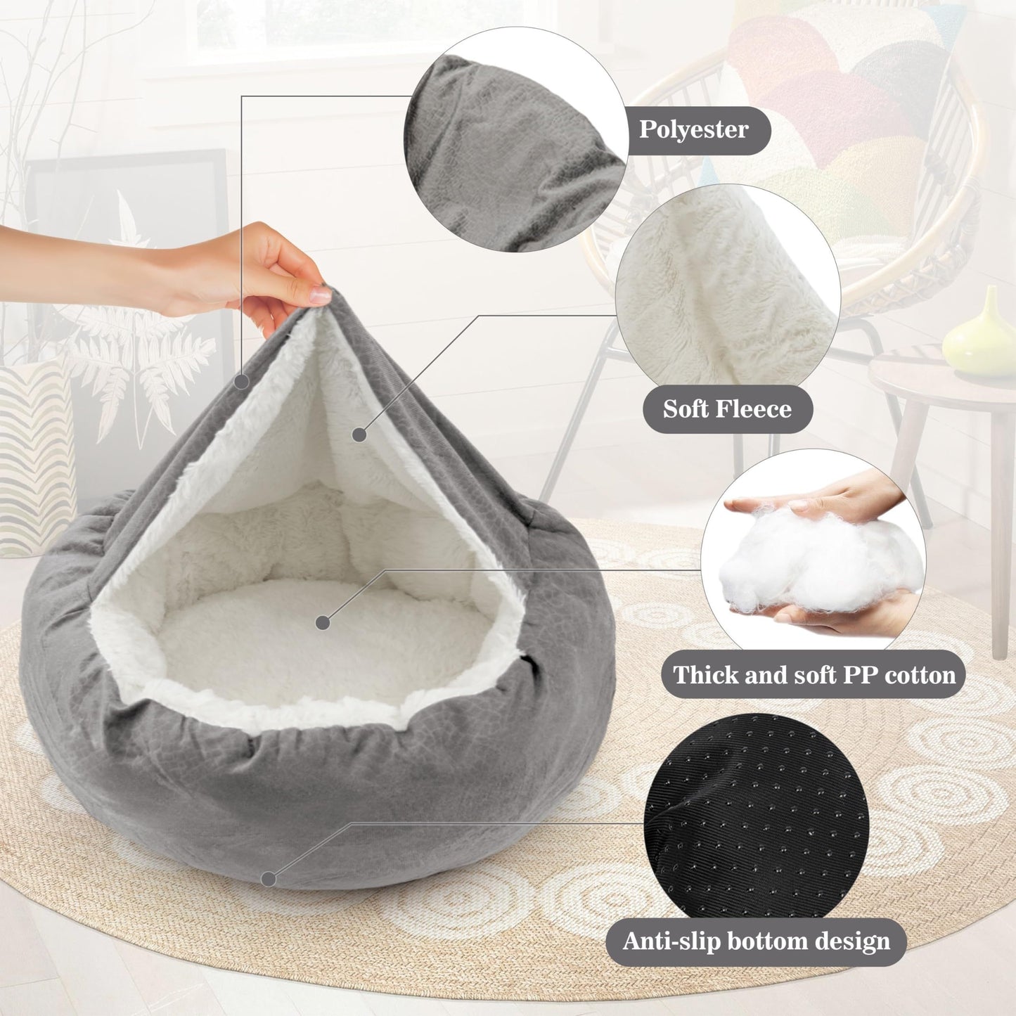 Four Seasons Pet Nest, Dog Bed with Hooded Blanket, Anti-Anxiety Puppy Pet Bed Cave, Super Soft Fluffy Polyester, Non-Slip Bottom, Machine Washable, Cozy Donut Design for Small, Medium, Large Dogs and Cats, Geometric Pattern,