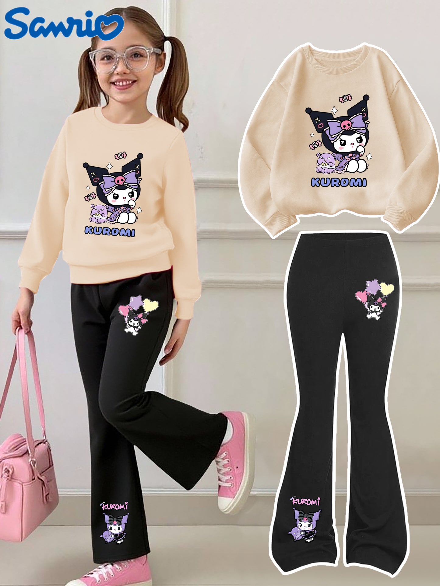 [Casual Sweatshirt] 2pcs Casual Kuromi Pattern Print Round Neck Long Sleeve Sweatshirt + Flared Pants Set | Girls' Fashion, Suitable for Outdoor Play and Leisure Wear, Perfect for Birthday Gifts