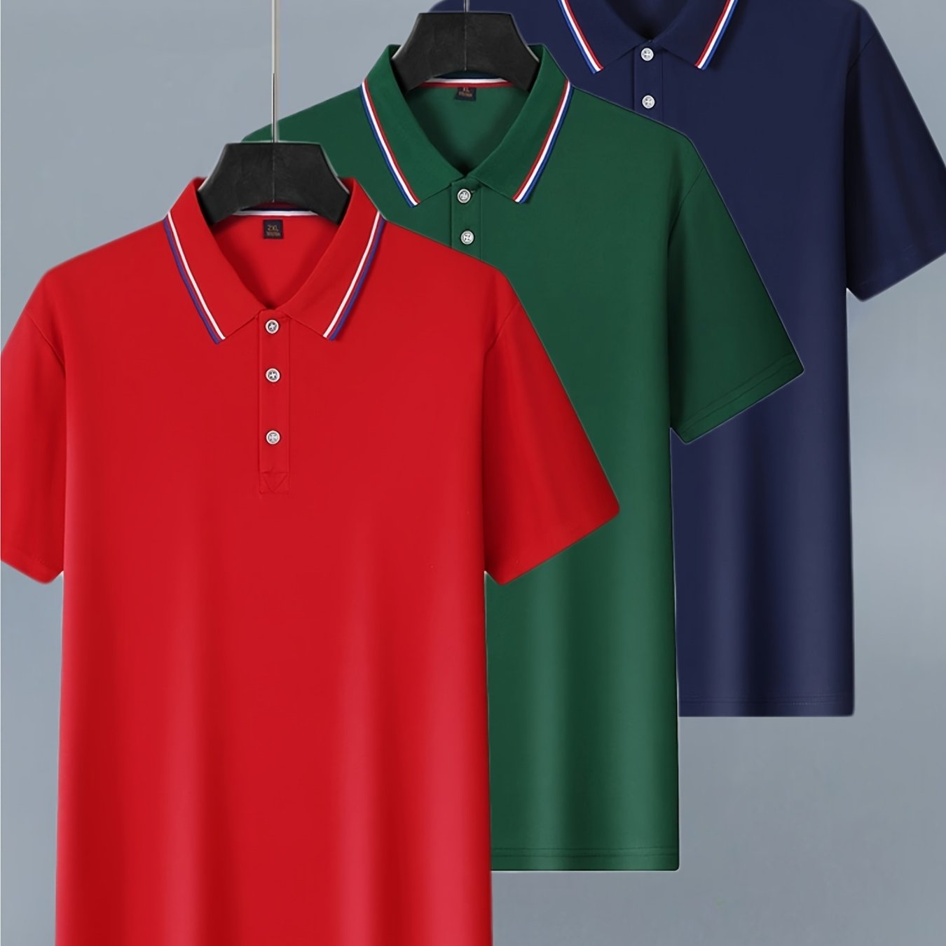 [Fashion Polo Shirts] 3pcs Teen Fashion Polo Shirts | Short Sleeve, Solid Color, Regular Fit, Half Placket, Rib-Knit Details, Medium Stretch, Summer Casual Wear, Conventional Lapel Collar, Regular Sleeve Length, for Weekend C