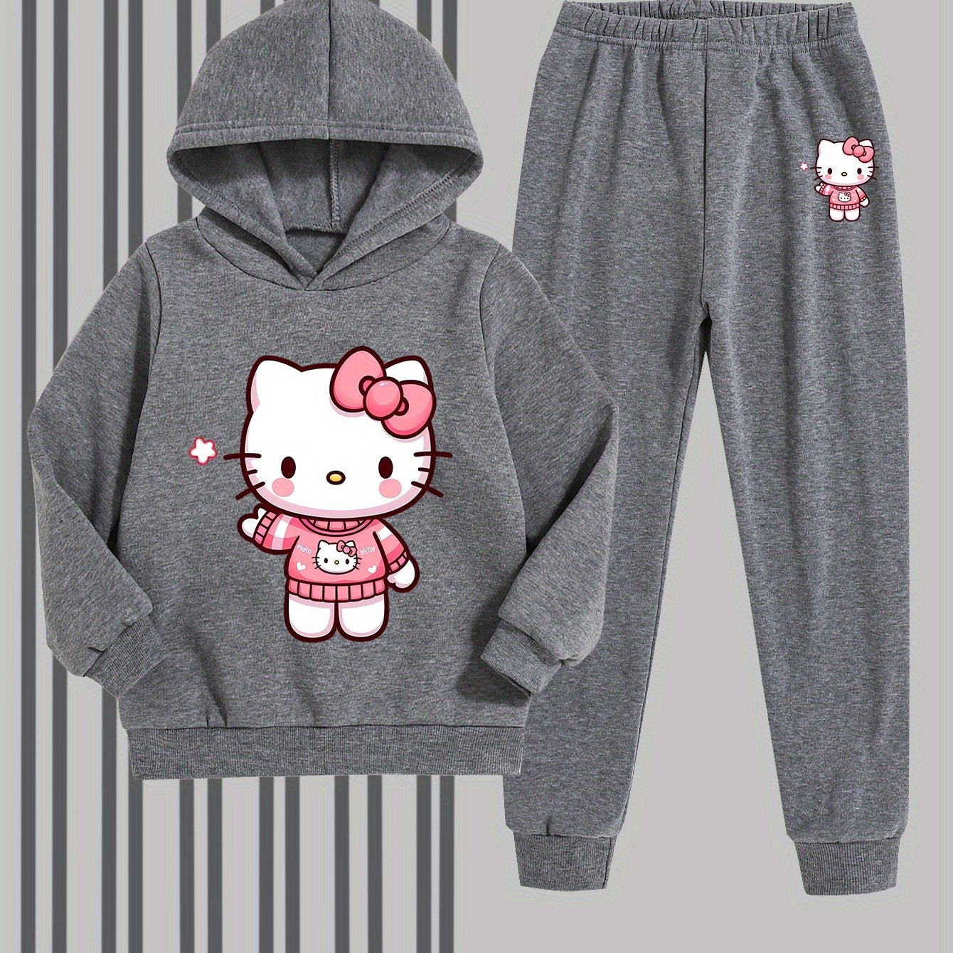 Girls' Fashion Hoodie and Pants Set - Sanrio Cartoon Print, Soft Polyester Sweatshirt with Hat for Kids, Warm & Comfortable Fall/Winter Outfit, Stylish Casual Sportswear for School or Outdoor Activities, Perfect for Outdoor