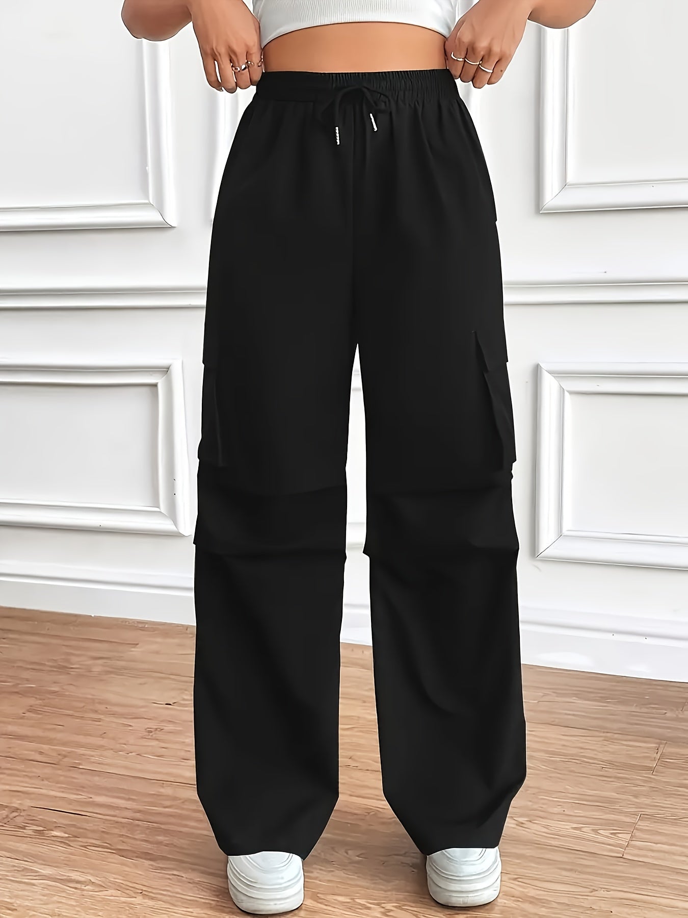 [Y2K Style Cargo Pants] Y2K Style High-Waist Girls' Straight-Leg Cargo Pants | Loose Fit, Large Pockets, Non-Stretch Polyester, Machine Washable - Fashionable and Versatile, Perfect for All-Season Casual Wear with Elastic Wai