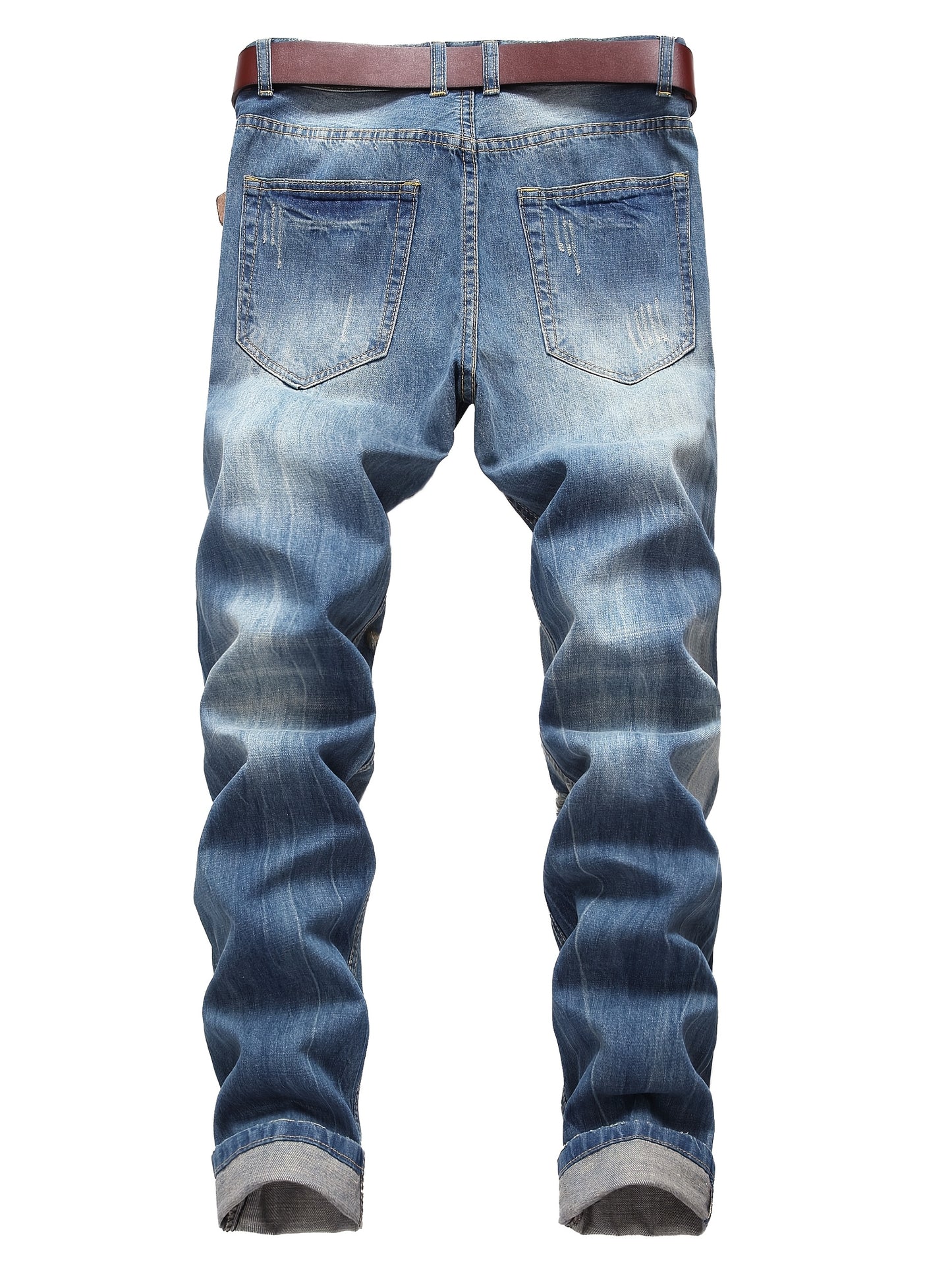 Men's Light Blue Slim-Fit Ripped Jeans - Distressed Streetwear Denim with Pre-Designed Tears, Machine Washable & Built- Zipper for Easy Wear, All-Season Casual Pants for Teens & Young Adults, Teenage Fashion, Streetstyle Clot