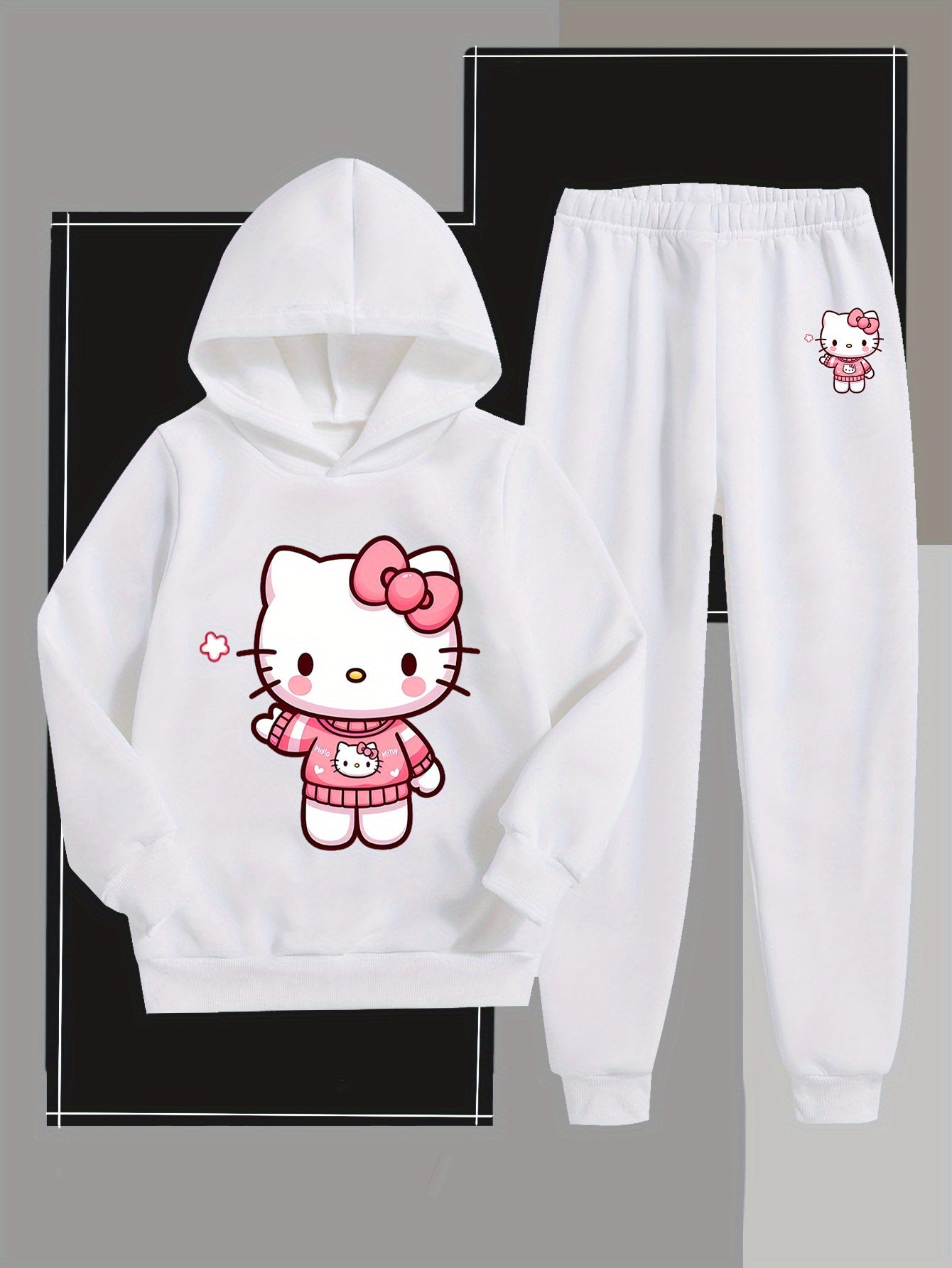 Girls' Fashion Hoodie and Pants Set - Sanrio Cartoon Print, Soft Polyester Sweatshirt with Hat for Kids, Warm & Comfortable Fall/Winter Outfit, Stylish Casual Sportswear for School or Outdoor Activities, Perfect for Outdoor