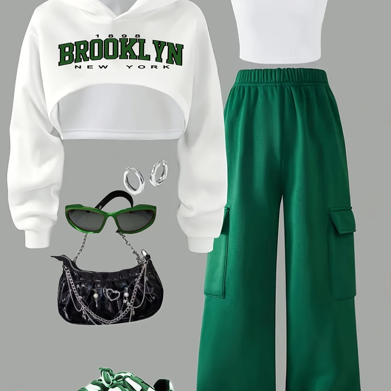 Autumn-Winter New Fashion Sweet Cool Street Letter Print Long Sleeve Hooded Crop Sweatshirt + Tank Top + Refined Pocket Pants Set; Perfect for Fall Outings, Travel, Parties & Casual Wear - Medium/Large Girls' Three-Piece Outf