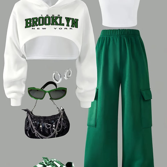Autumn-Winter New Fashion Sweet Cool Street Letter Print Long Sleeve Hooded Crop Sweatshirt + Tank Top + Refined Pocket Pants Set; Perfect for Fall Outings, Travel, Parties & Casual Wear - Medium/Large Girls' Three-Piece Outf