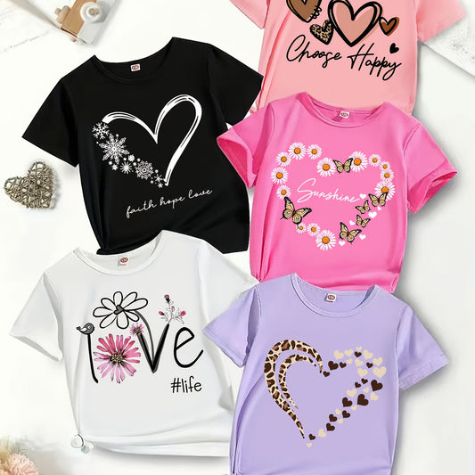 Set of 5 Sweet Cute Fashion Short Sleeve T-Shirts for Girls with Pretty and Funny Heart Pattern Print, Comfortable Polyester Casual Summer Top, Regular Fit, Medium Stretch, Suitable for Everyday and Outdoor