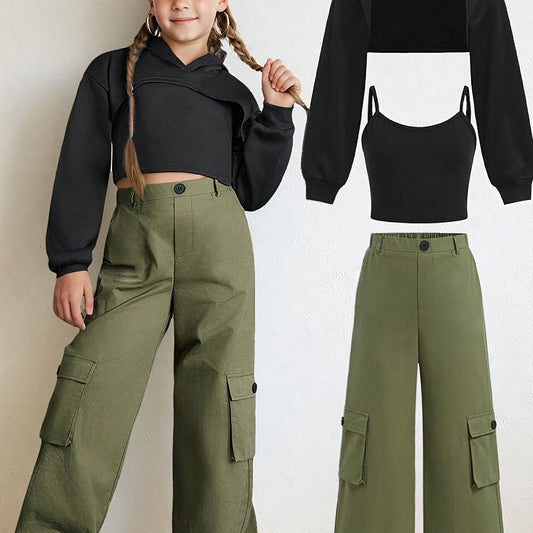 Girls' Clothing: Teenage Girls' Casual Streetwear Set - Hooded Crop Top + Tank Vest + Cargo Pants 3pcs Outfit, Girls' Fashionable Workwear Pants Suit, Girls' Casual Fashion Short Hoodie Set, Suitable for Spring, Autumn, and W