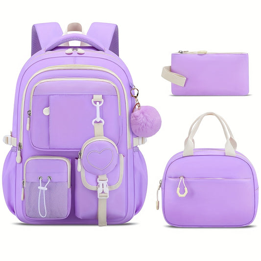 [Heart-Shaped Backpack Set] 3pcs Heart-Shaped Casual Backpack Handbag Set | Fashionable Black with Purple, 15.6-Inch Laptop Backpack, Large Capacity Multiple Compartments, Beach Outdoor Camping Travel Bag with Trolley Sleeve,