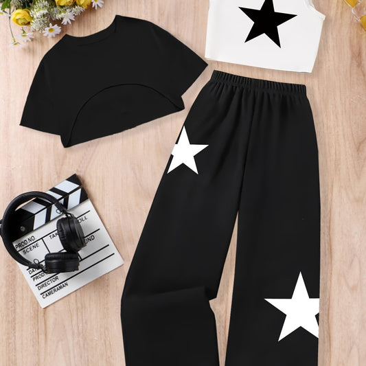 Highly Rated Girls' Clothes Set: Star Print Crop Top + Pure Black Round Neck T-Shirt with Curved Hem + Loose Straight-Leg Pants, Comfortable and Fitted Fabric, Perfect for Outdoor Activities, Essential Four-Season Outfit, Per