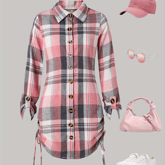 Teen Girls 13-16 Years Plaid Dress - Pink & Grey Tartan Button-Front Midi Length Long Sleeve Dress for Scottish Dance, Casual Outfits & Casual Attire, for Teenager, Dresses For Teenage Girls With Sleeves, Teen Clothes Girls D