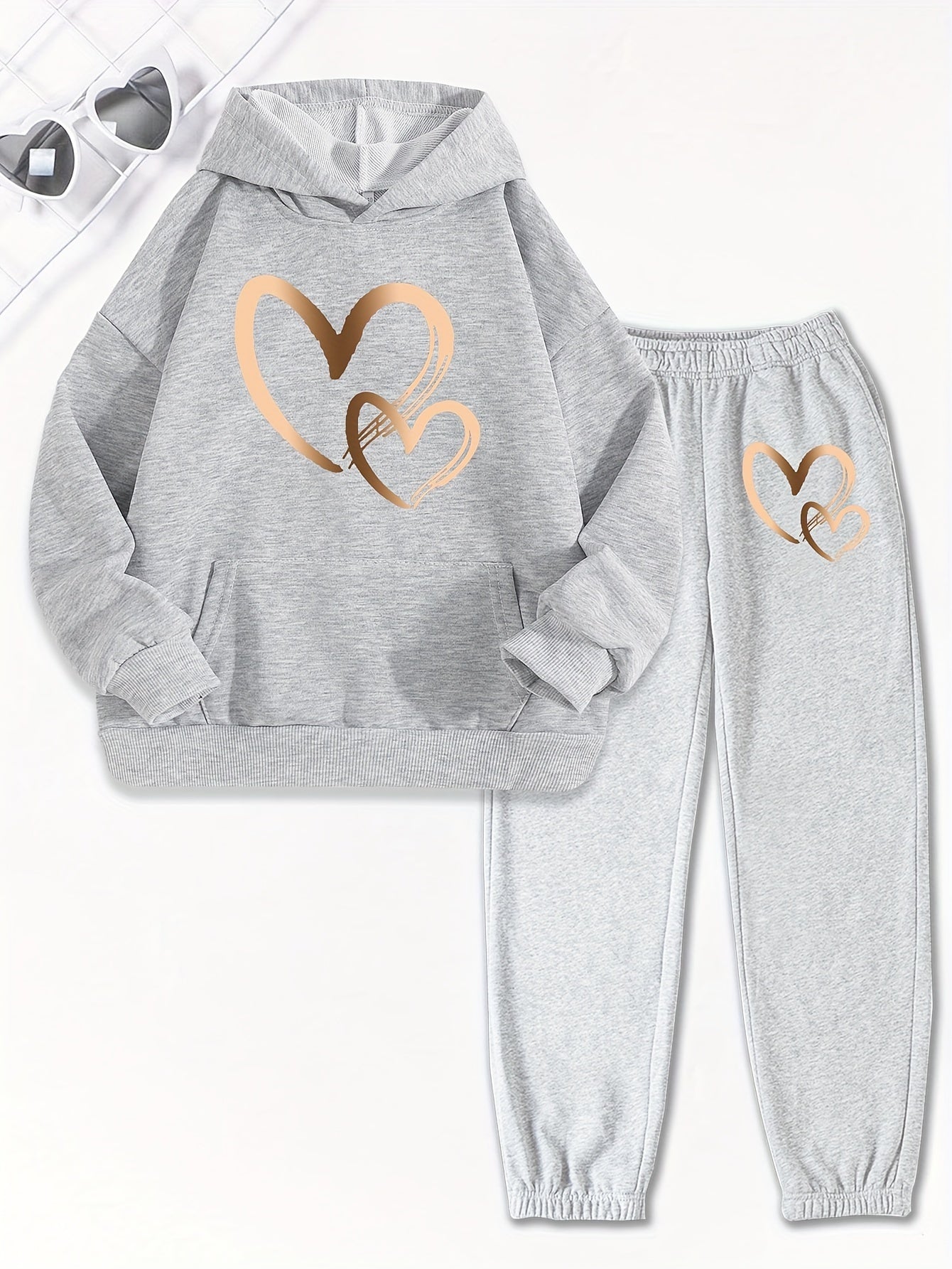 Girls 2pcs Print Hooded Sweatshirt & Letter Print Jogger Pants Set Kids Clothes For Gift, Sports, for Outdoor