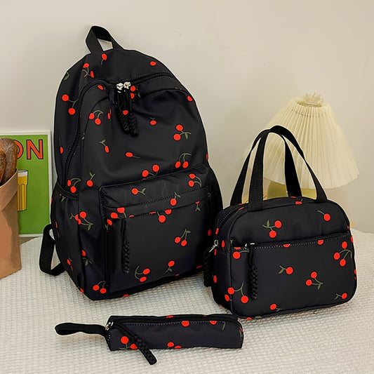 Three-Piece Set: Cherry Backpack, Handbag & Pencil Case - Cute Japanese-Inspired Large Capacity Lightweight School Bag for College Students, Random Print Design