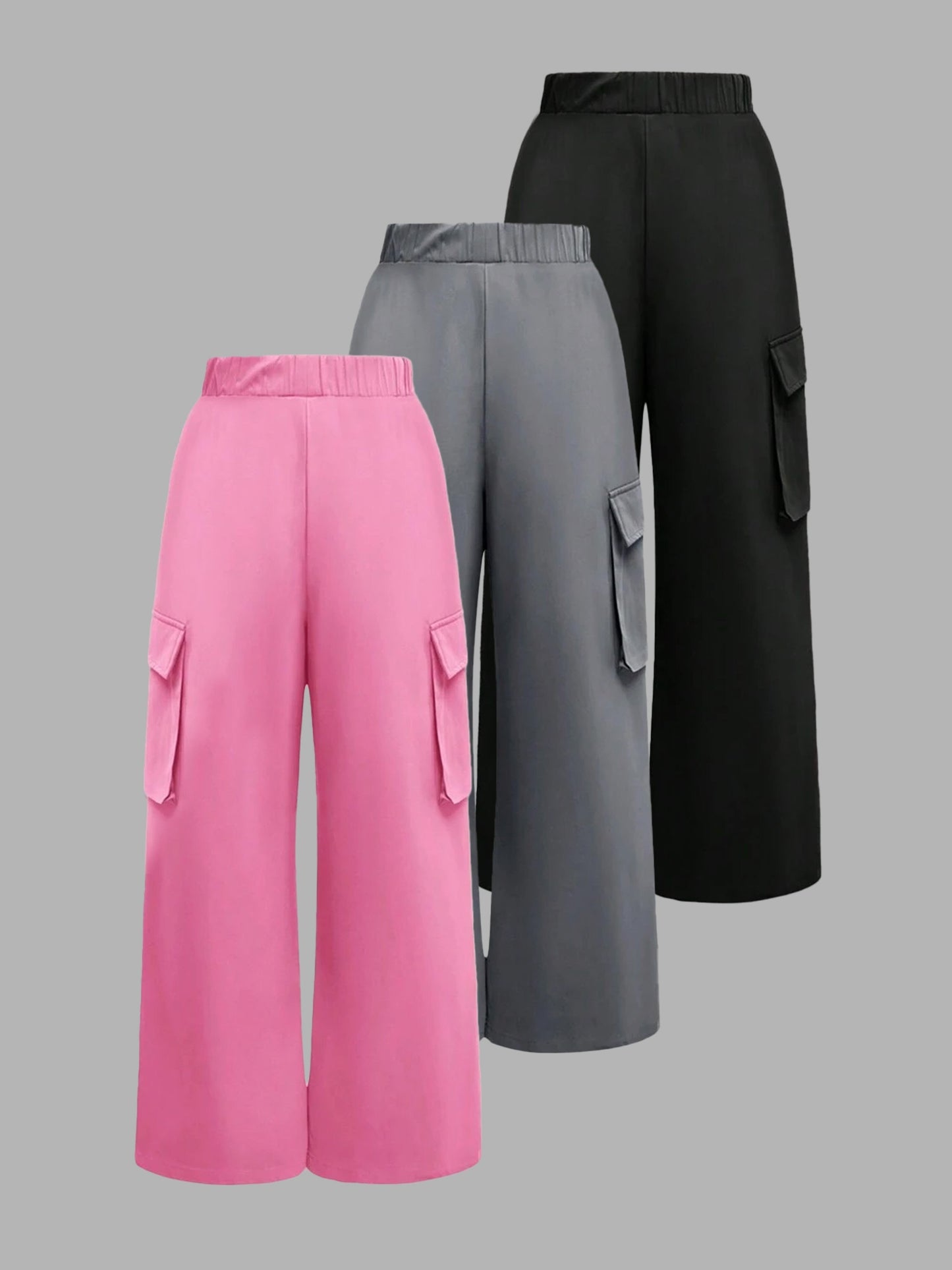 [3pcs Girls' Cargo Pants] 3pcs Girls' Cargo Pants Set | Fashion Double Pocket Design with Bow Print, Loose Fit Wide Leg Trousers for Spring/Fall, Outdoor Play and Casual Wear, Nonstretch Fabric