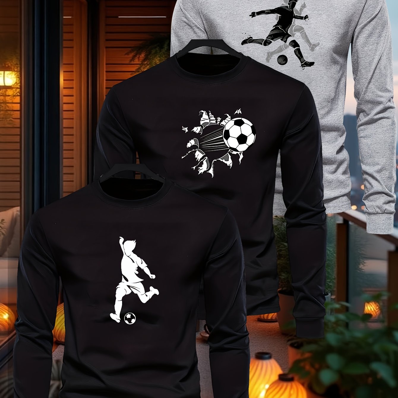3pcs Boys' Soccer Graphic Long Sleeve T-Shirts - High-Stretch Casual Crew Neck Tops with Football Player & Ball Design, Black & Gray, Perfect for Fall, Everyday Youngsters'S Clothing, Soccer Shirts, Playful Youngsters'S Desig