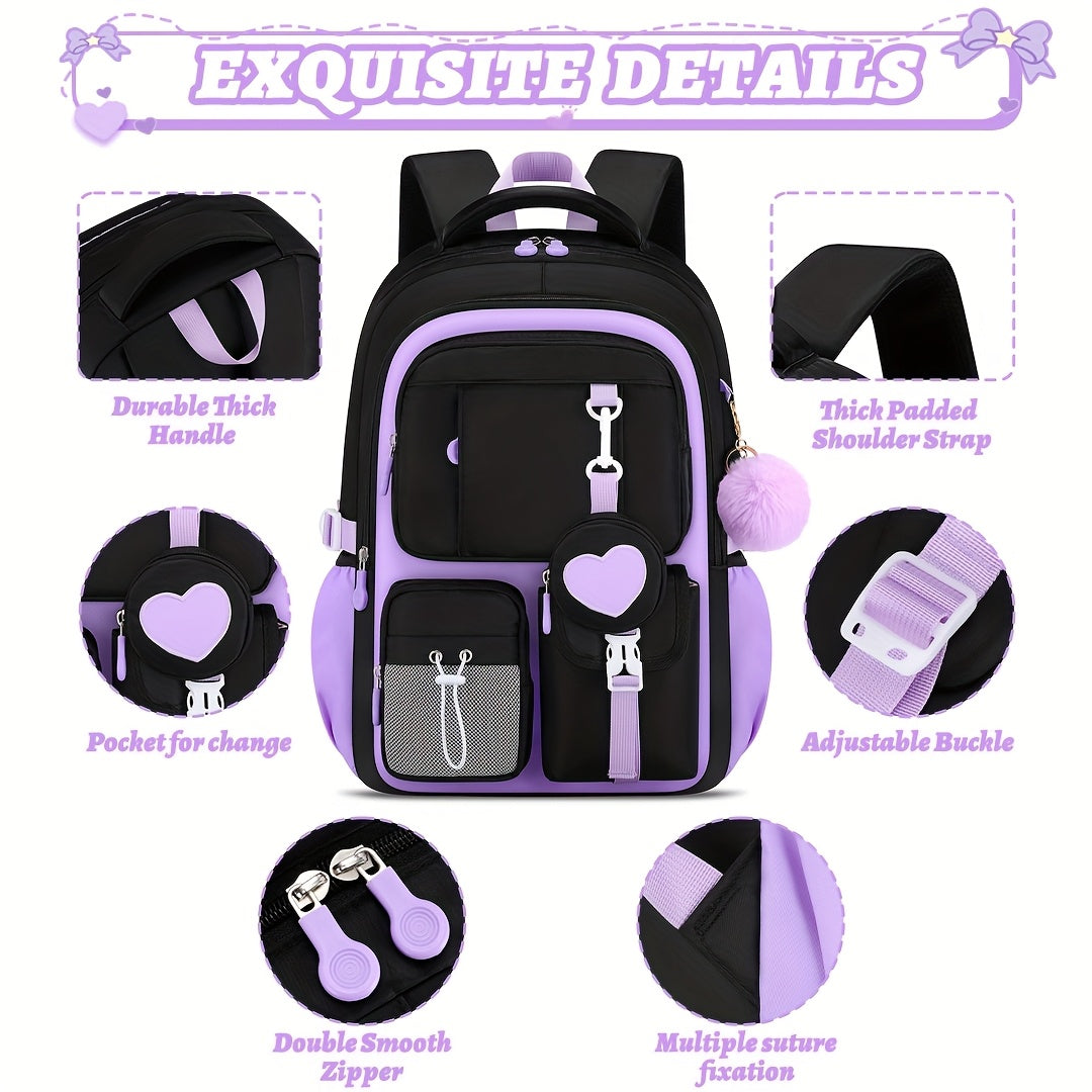 [Heart-Shaped Backpack Set] 3pcs Heart-Shaped Casual Backpack Handbag Set | Fashionable Black with Purple, 15.6-Inch Laptop Backpack, Large Capacity Multiple Compartments, Beach Outdoor Camping Travel Bag with Trolley Sleeve,