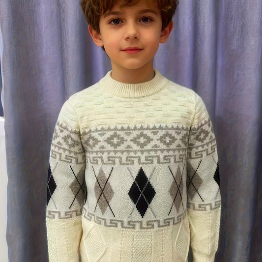 [Boys' Geometric Pullover] Boys' Sweater - Beige, Black & White Geometric Pattern Pullover, Sleeve Round Neck Sweater for School, Formal & Everyday Outfits - Medium Stretch Knit Fabric - Easy Hand Wash Care - Fall/Winter Clot