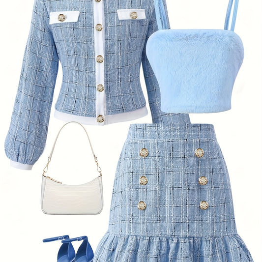 Spring and Autumn Girls' Fashionable New Style, Elegant Sweet Minimalist Artistic Design Long Sleeve Button-Decorated Round Neck Top with Matching Solid Color Pleated Skirt and Spaghetti Strap Set, Comfortable Three-Piece Out