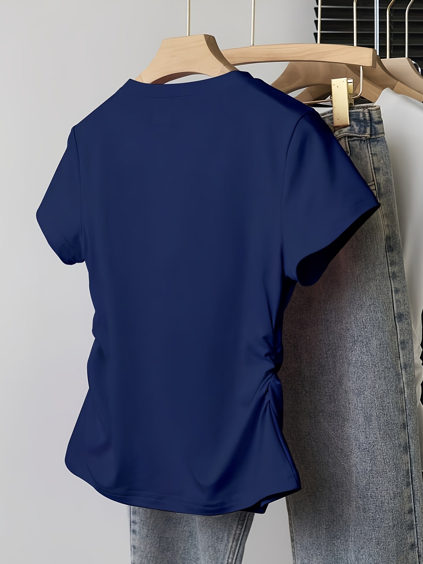 4pcs Round Neck Short Sleeve T-Shirt for Girls, Stylish Pleated Versatile Top