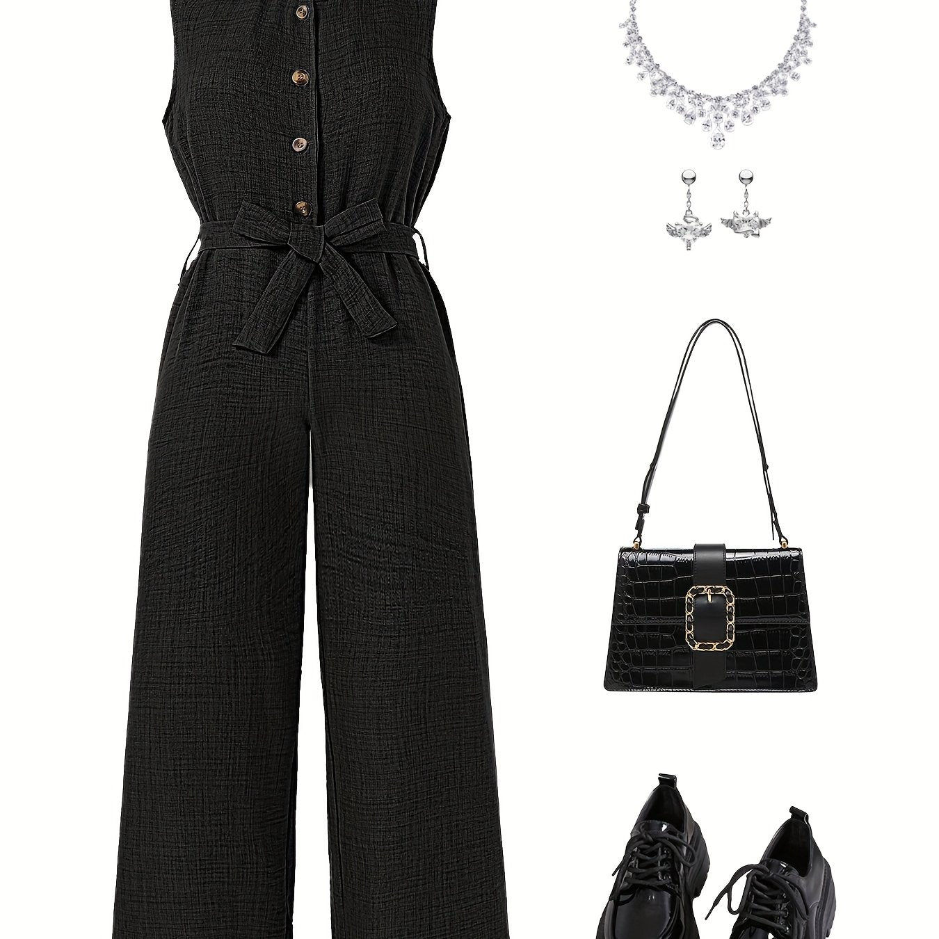 Girls' Black Sleeveless Jumpsuit with Belt - Wide-Leg Stretchy Casual Romper for Spring Summer Fall, Button-Up Collar & Golden-Tone Hardware, Perfect for Weekend Outings, Teenage Fashion, Elegant Accessory Display, for Outdoo
