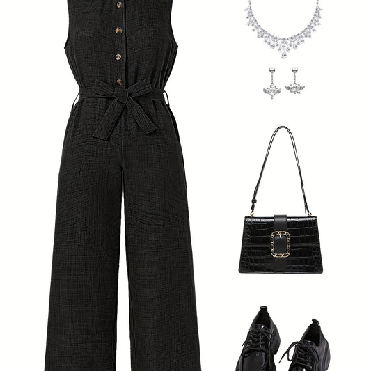 Girls' Black Sleeveless Jumpsuit with Belt - Wide-Leg Stretchy Casual Romper for Spring Summer Fall, Button-Up Collar & Golden-Tone Hardware, Perfect for Weekend Outings, Teenage Fashion, Elegant Accessory Display, for Outdoo