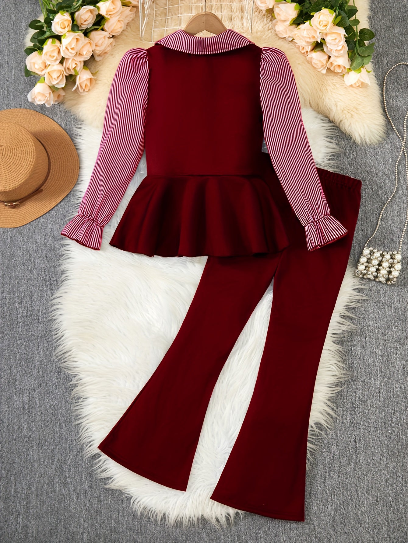 ' Autumn and Winter Fashion Casual Elegant Two-Tone Shirt with Golden Chain Detail, Ruffle Hem Top Paired with Flared Pants, Machine Washable Formal and Casual Wear Suitable for School, Parties, Family Events, Travel Vacation