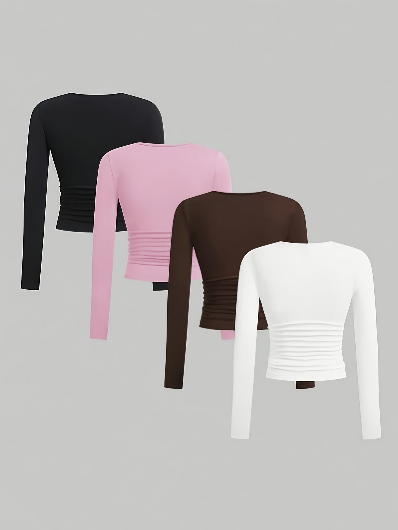 4pcs Girls' Ruffled Long Sleeve T-Shirts - 3pcs Round Neck Slim Fit Knit Tops, Medium Stretch Solid Color Casual Tees for Spring Summer Fall, Versatile Layering & Casual Attire, Shirts for Girls, Seasonal Fashion, Ruffled Sle