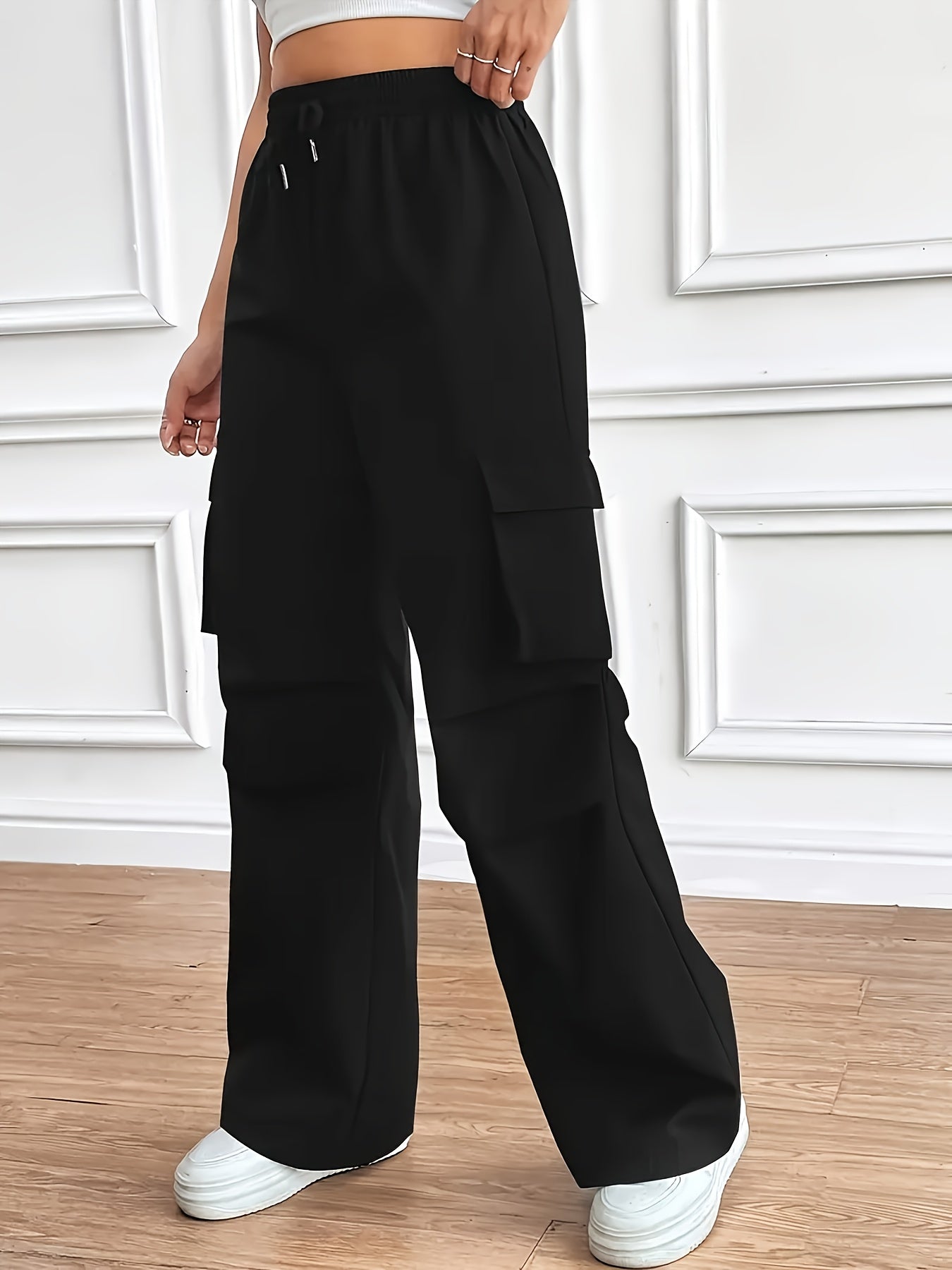 [Y2K Style Cargo Pants] Y2K Style High-Waist Girls' Straight-Leg Cargo Pants | Loose Fit, Large Pockets, Non-Stretch Polyester, Machine Washable - Fashionable and Versatile, Perfect for All-Season Casual Wear with Elastic Wai