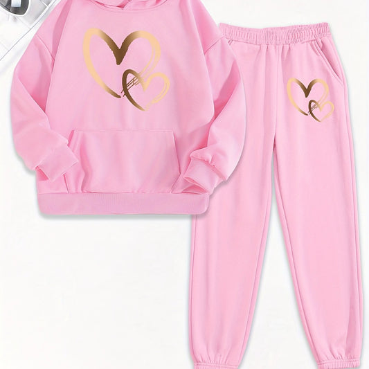 Girls 2pcs Print Hooded Sweatshirt & Letter Print Jogger Pants Set Kids Clothes For Gift, Sports, for Outdoor