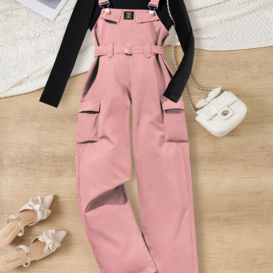 Girls' Fashion Solid Color Round Neck Long Sleeve Top + Brick Red Drawstring Pants Autumn/Winter New Two-Piece Outfit Set, Perfect for Outdoor