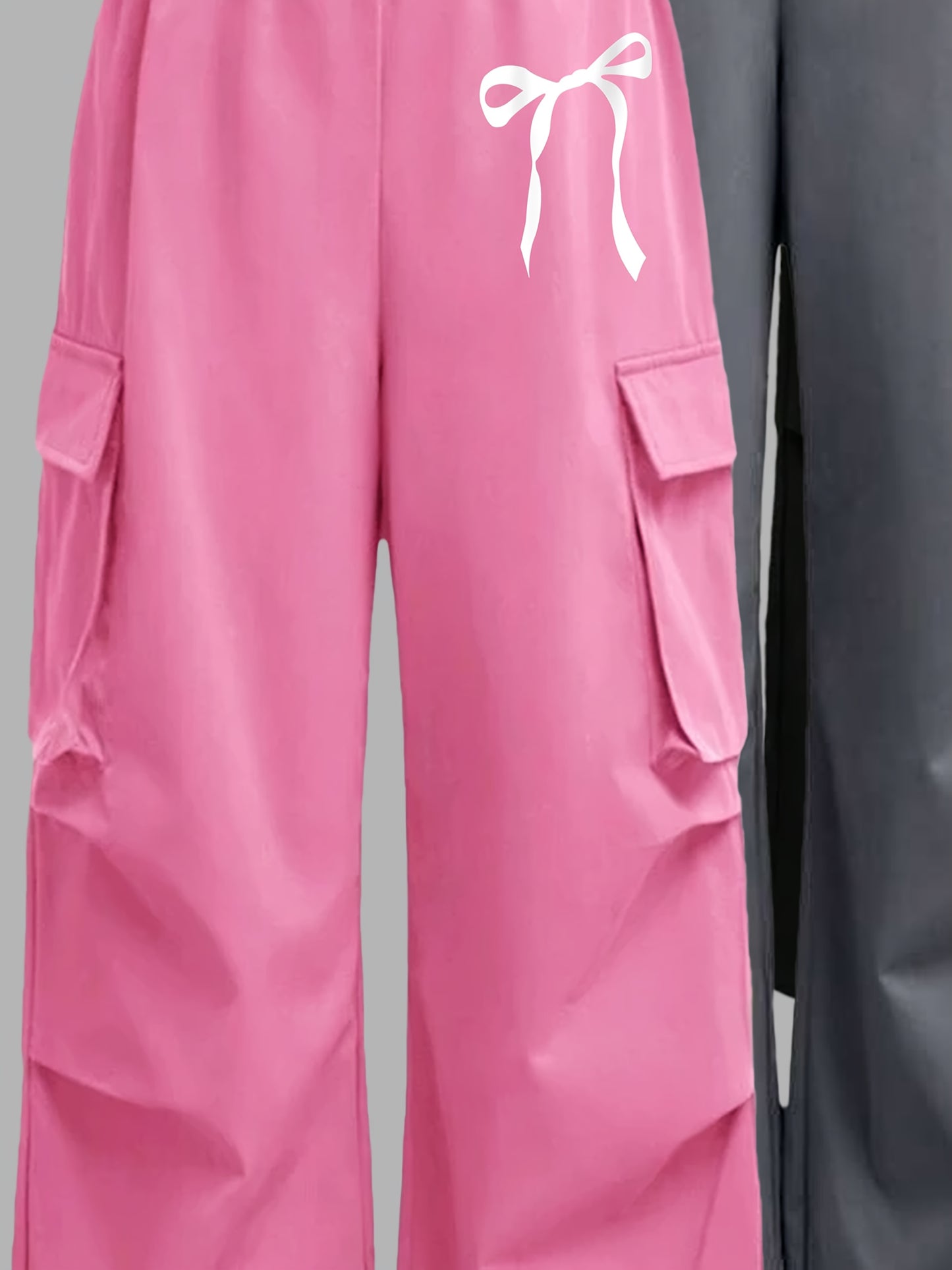 [3pcs Girls' Cargo Pants] 3pcs Girls' Cargo Pants Set | Fashion Double Pocket Design with Bow Print, Loose Fit Wide Leg Trousers for Spring/Fall, Outdoor Play and Casual Wear, Nonstretch Fabric