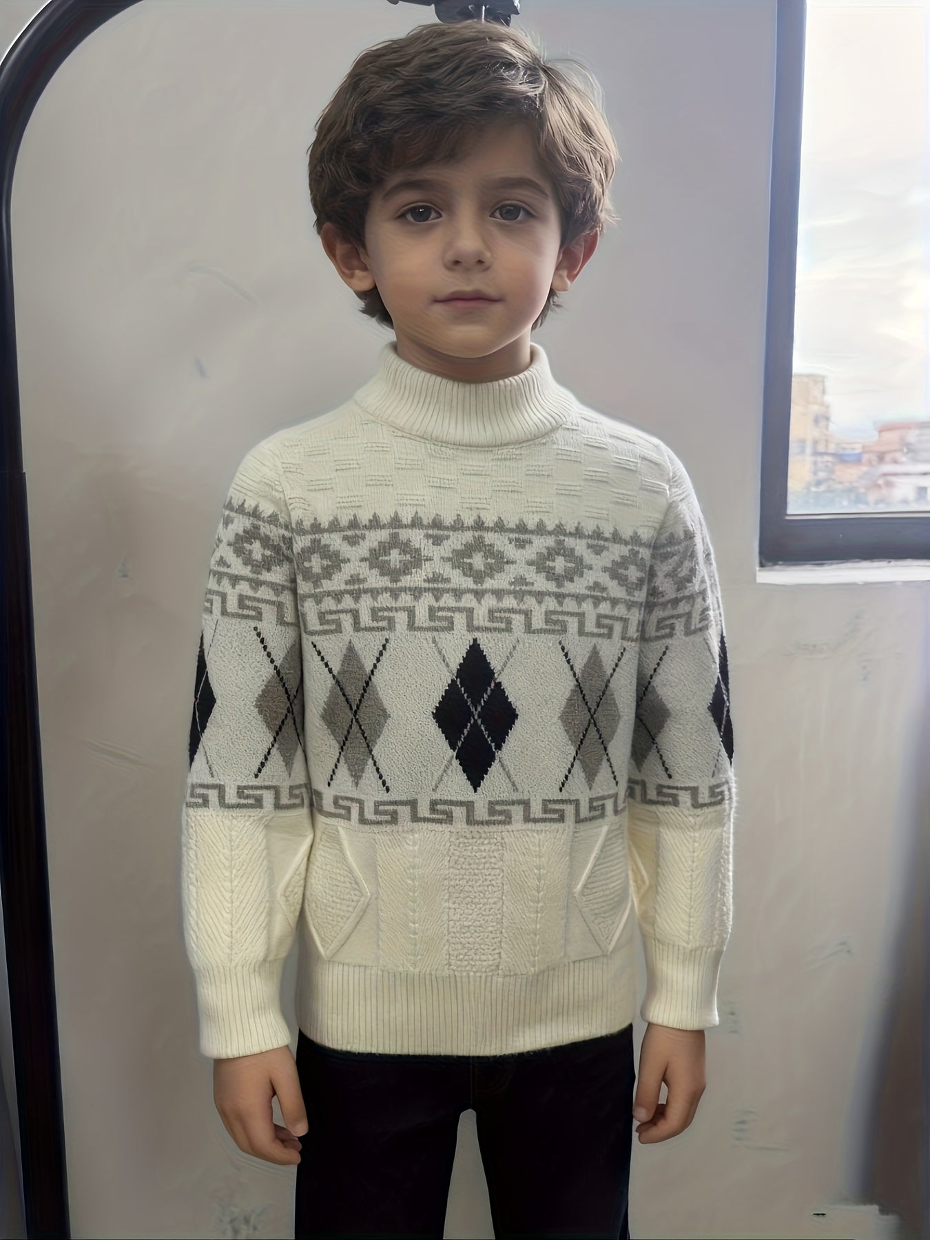 [Boys' Geometric Pullover] Boys' Sweater - Beige, Black & White Geometric Pattern Pullover, Sleeve Round Neck Sweater for School, Formal & Everyday Outfits - Medium Stretch Knit Fabric - Easy Hand Wash Care - Fall/Winter Clot