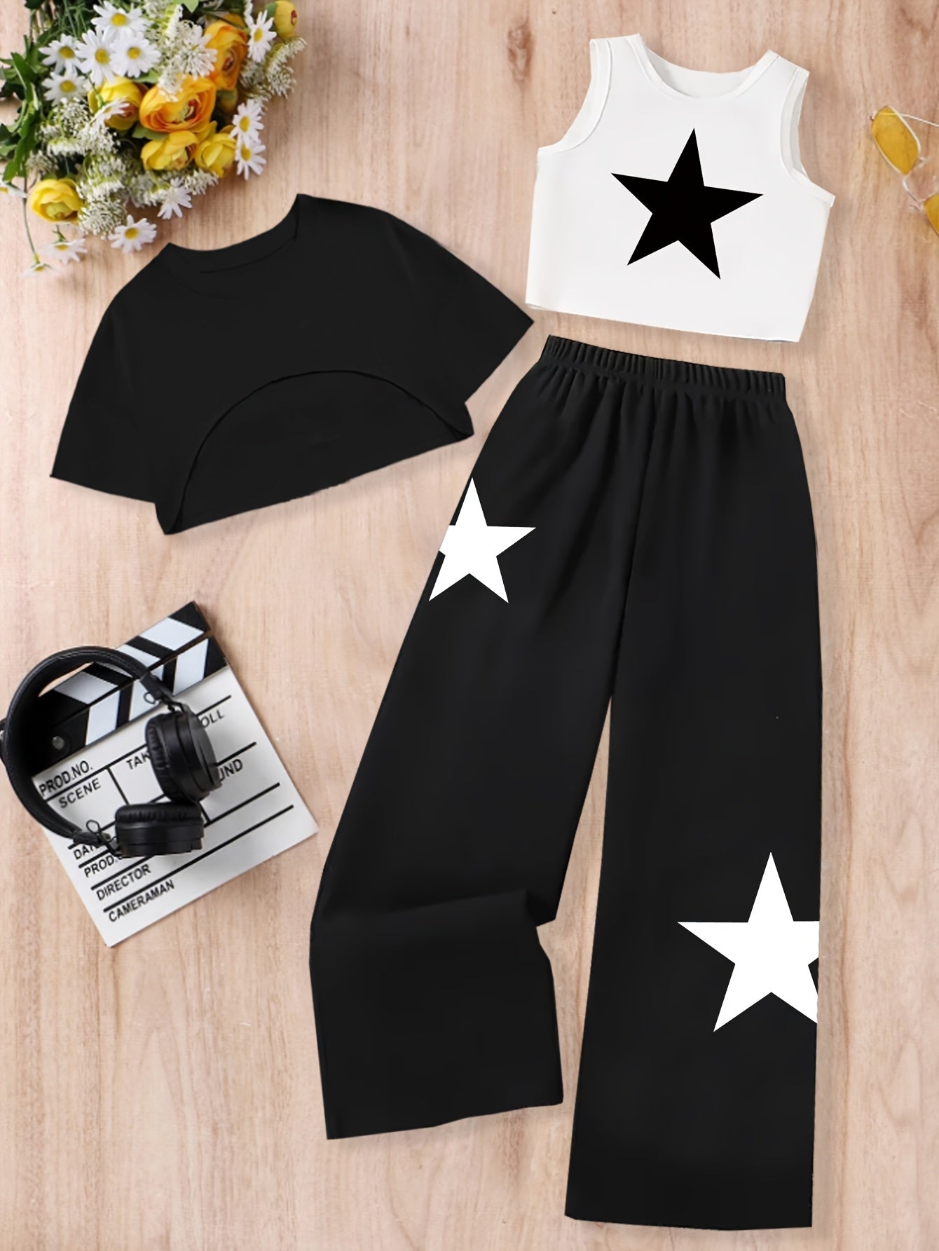 Highly Rated Girls' Clothes Set: Star Print Crop Top + Pure Black Round Neck T-Shirt with Curved Hem + Loose Straight-Leg Pants, Comfortable and Fitted Fabric, Perfect for Outdoor Activities, Essential Four-Season Outfit, Per