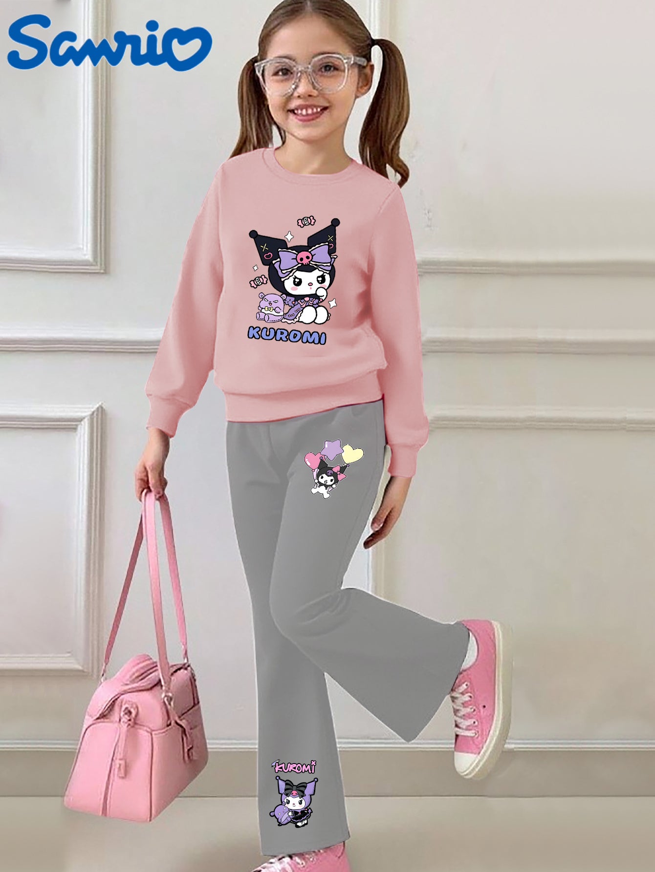 [Casual Sweatshirt] 2pcs Casual Kuromi Pattern Print Round Neck Long Sleeve Sweatshirt + Flared Pants Set | Girls' Fashion, Suitable for Outdoor Play and Leisure Wear, Perfect for Birthday Gifts