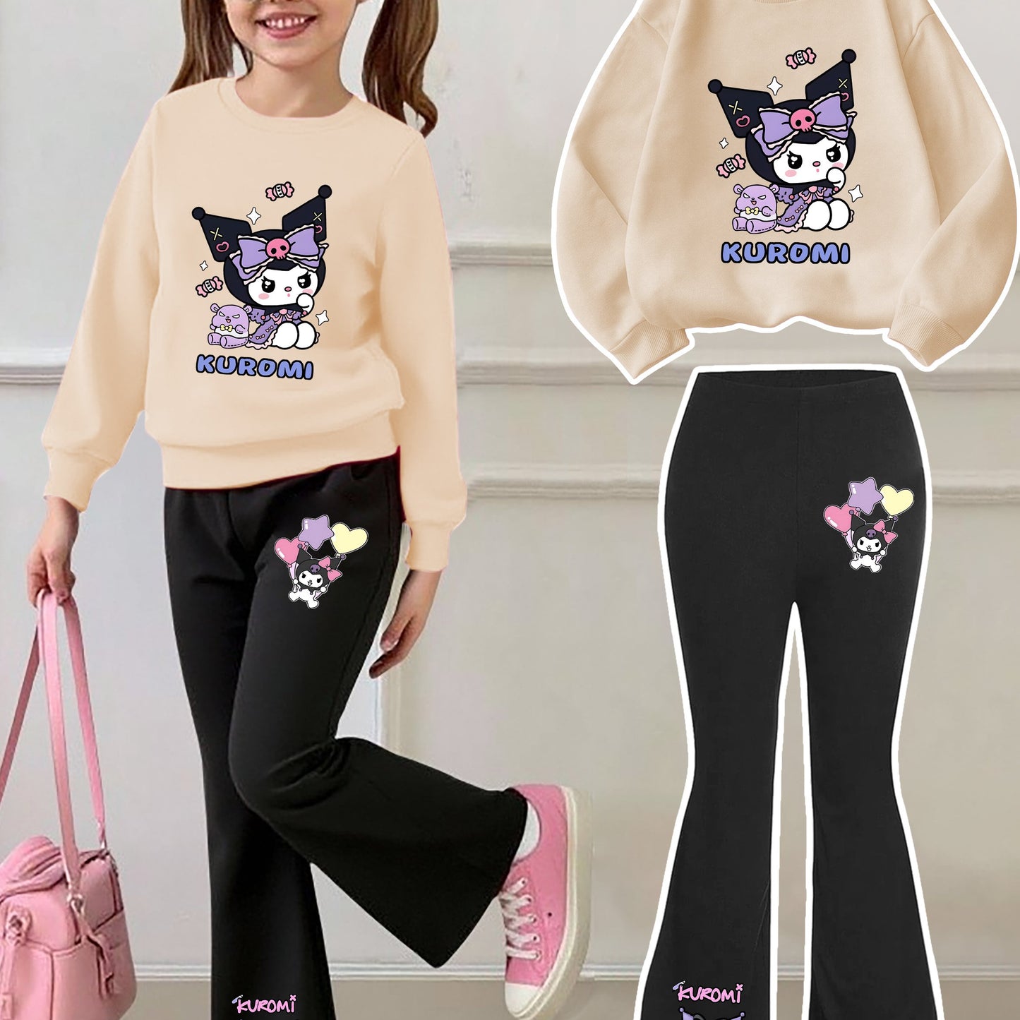 [Casual Sweatshirt] 2pcs Casual Kuromi Pattern Print Round Neck Long Sleeve Sweatshirt + Flared Pants Set | Girls' Fashion, Suitable for Outdoor Play and Leisure Wear, Perfect for Birthday Gifts