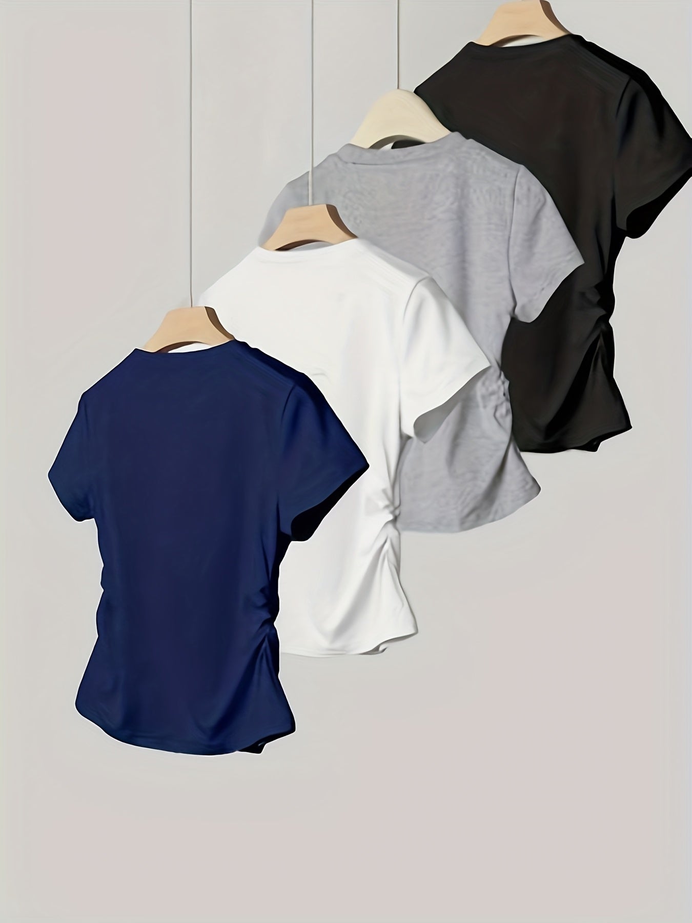 4pcs Round Neck Short Sleeve T-Shirt for Girls, Stylish Pleated Versatile Top