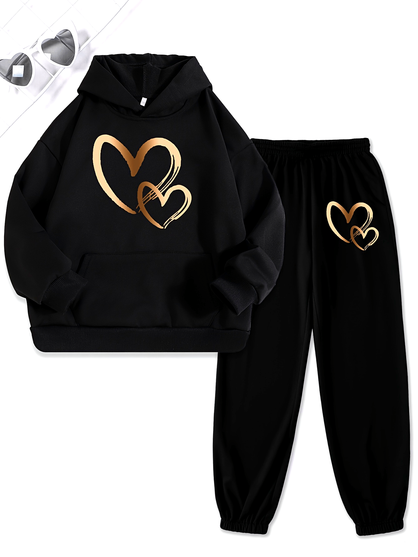 Girls 2pcs Print Hooded Sweatshirt & Letter Print Jogger Pants Set Kids Clothes For Gift, Sports, for Outdoor