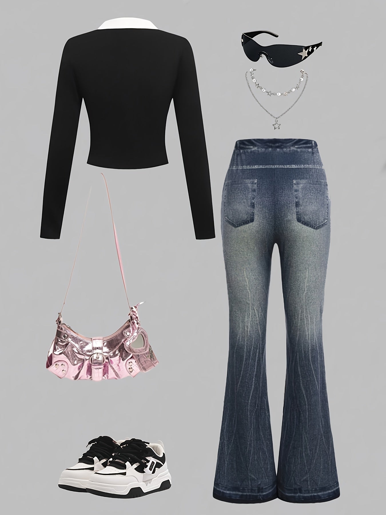 Spring/Fall Fashion for Young Girls: Stylish Long-Sleeve Top with Contrast Collar and Bow Tie, Paired Imitation Denim Pants Suitable Casual Outings Parties, Fall Wardrobe, Casual Attire, Trendy Outfit, Durable Material, Soft