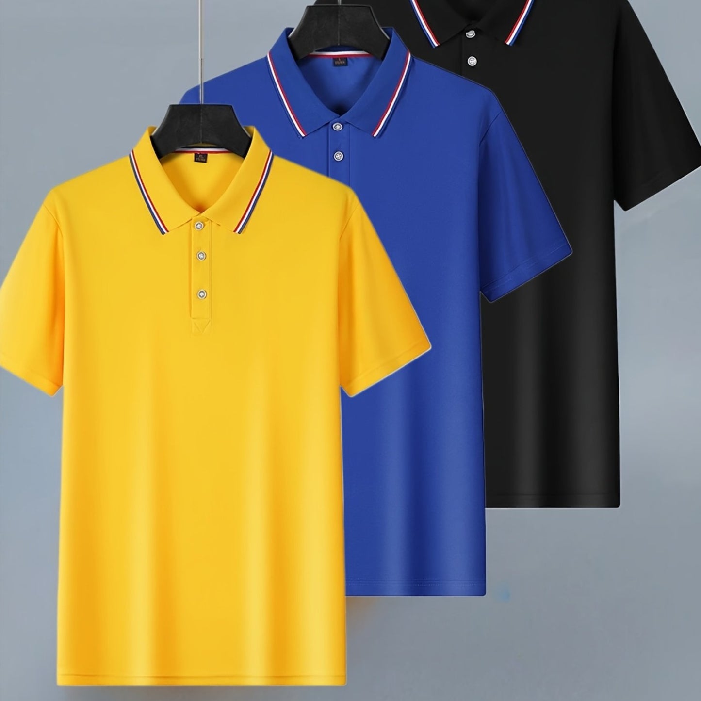 [Fashion Polo Shirts] 3pcs Teen Fashion Polo Shirts | Short Sleeve, Solid Color, Regular Fit, Half Placket, Rib-Knit Details, Medium Stretch, Summer Casual Wear, Conventional Lapel Collar, Regular Sleeve Length, for Weekend C