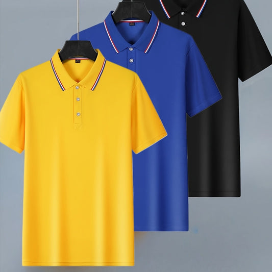 [Fashion Polo Shirts] 3pcs Teen Fashion Polo Shirts | Short Sleeve, Solid Color, Regular Fit, Half Placket, Rib-Knit Details, Medium Stretch, Summer Casual Wear, Conventional Lapel Collar, Regular Sleeve Length, for Weekend C