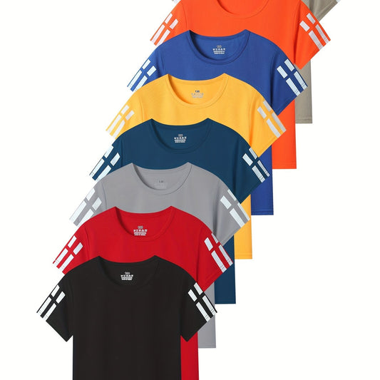 [Quick-Dry T-Shirts] 8pcs Quick-Dry Athletic T-Shirts | Breathable Mesh, Lightweight & Moisture-Wicking, Vibrant Color Block Design with Striped Sleeves, Regular Fit for Boys & Girls, All-Season Casual & Sports Wear