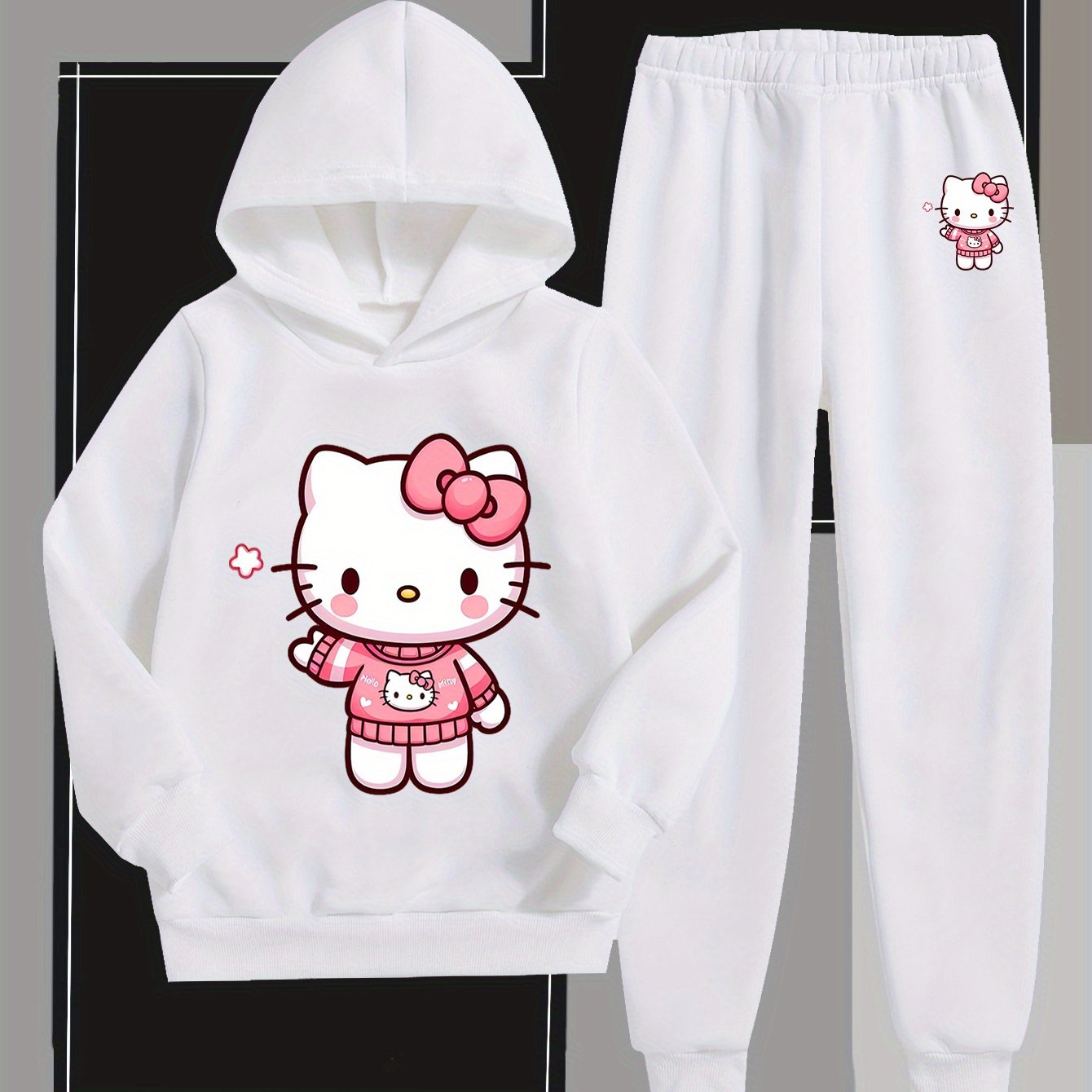 Girls' Fashion Hoodie and Pants Set - Sanrio Cartoon Print, Soft Polyester Sweatshirt with Hat for Kids, Warm & Comfortable Fall/Winter Outfit, Stylish Casual Sportswear for School or Outdoor Activities, Perfect for Outdoor