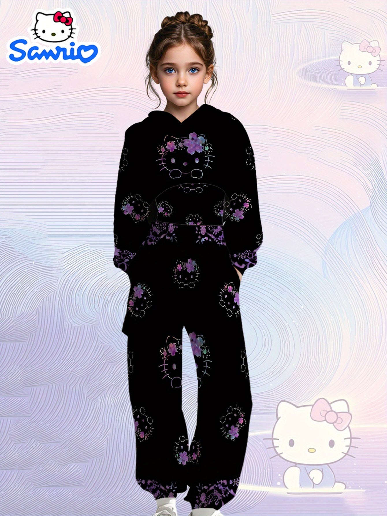 3pcs Girls' Gothic Hello! Magazine-Inspired Outfit Set - Purple & Black All-Over Print Hooded Sweatshirt & Overalls with Heart & Bow Details, Cozy Winter Clothes for Christmas, Birthday Party, Casual Attire - Casual to Formal