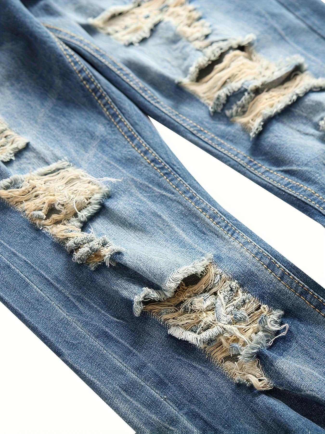 Men's Light Blue Slim-Fit Ripped Jeans - Distressed Streetwear Denim with Pre-Designed Tears, Machine Washable & Built- Zipper for Easy Wear, All-Season Casual Pants for Teens & Young Adults, Teenage Fashion, Streetstyle Clot
