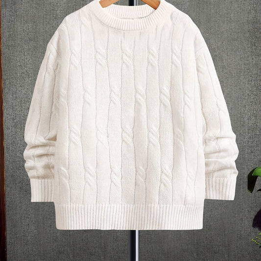 [Retro Boys' Knit Sweater] 1pc Boys' Retro Solid Color Knit Sweater | Casual Long Sleeve Pullover with Round Neck, Loose Fit for Spring/Fall Outdoor Commute & Casual Attire, Medium Stretch Fabric