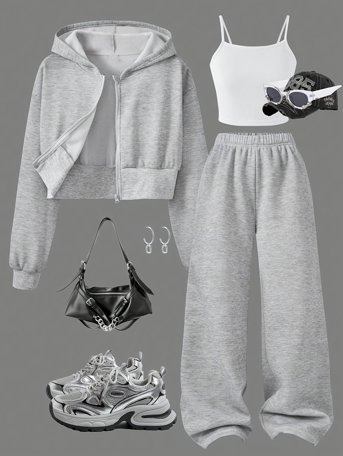 Girls' Spring and Autumn Hooded Cardigan Short Sweatshirt Jacket + White Versatile Camisole + Gray High-Waisted Wide-Leg Pants Casual Sportswear Three-Piece Set, for Outdoor, For Teenager