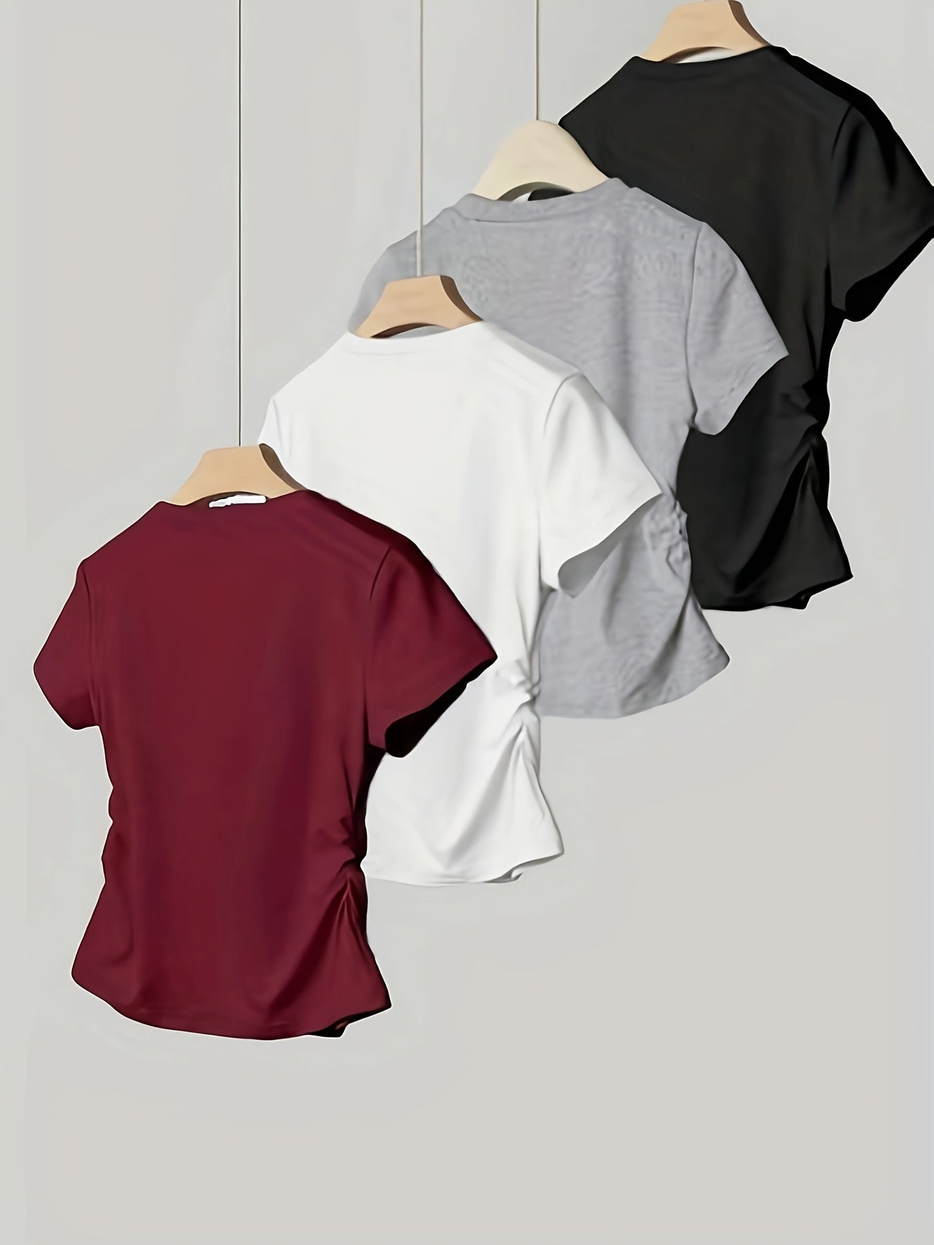 4pcs Round Neck Short Sleeve T-Shirt for Girls, Stylish Pleated Versatile Top
