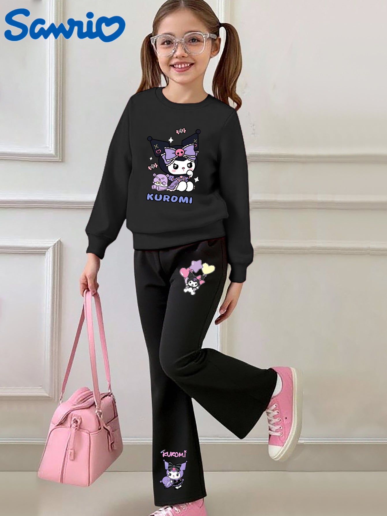 [Casual Sweatshirt] 2pcs Casual Kuromi Pattern Print Round Neck Long Sleeve Sweatshirt + Flared Pants Set | Girls' Fashion, Suitable for Outdoor Play and Leisure Wear, Perfect for Birthday Gifts